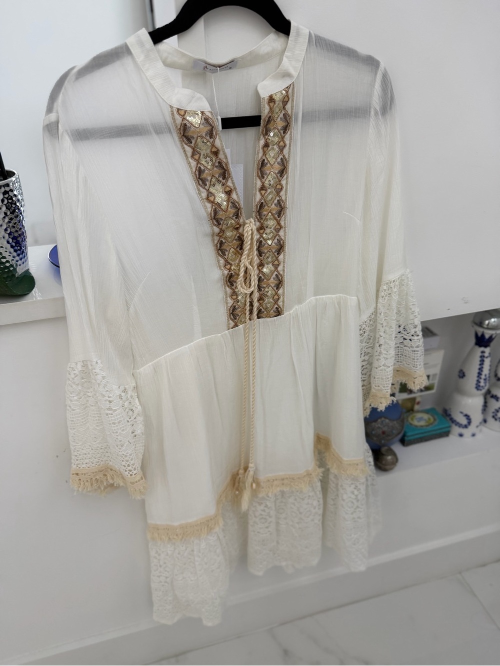 Boho Embroidered Cream Peasant Blouse